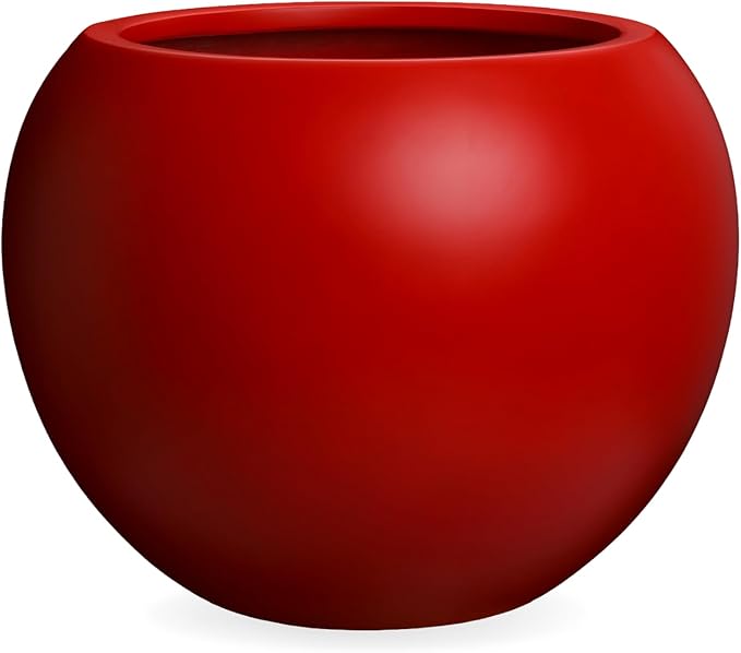 KUTE NEST 16" H x 20" D Globo Fiberstone Round Planter with Drainage Hole, Smooth Finishes, Weather Resistant for Indoor and Outdoor Use, Included 2 Extra Coco Mats (Red, 13.5" Pot Opening)