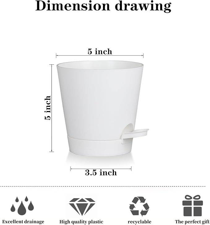 zople 5 Pack 5 inch Self-Watering Pots, African Violets Planter with Drainage Holes and Reservoir, White Plastic Planter for Indoor Outdoor Plants Flowers and Houseplants White, 5 inch 5 pcs