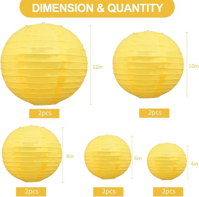 BEISHIDA Yellow Round Paper Lanterns Decorative Hanging Asia Chinese Japanese Paper Lanterns Lamp for Birthday Halloween Wedding Baby Bridal Shower Fall Home Decor Party Decoration（10 Packs）