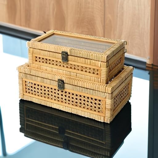 Rattan and Cane Stacking Boxes with Glass Top Lid - Set of 2 for Boho, and Rustic Farmhouse Decor