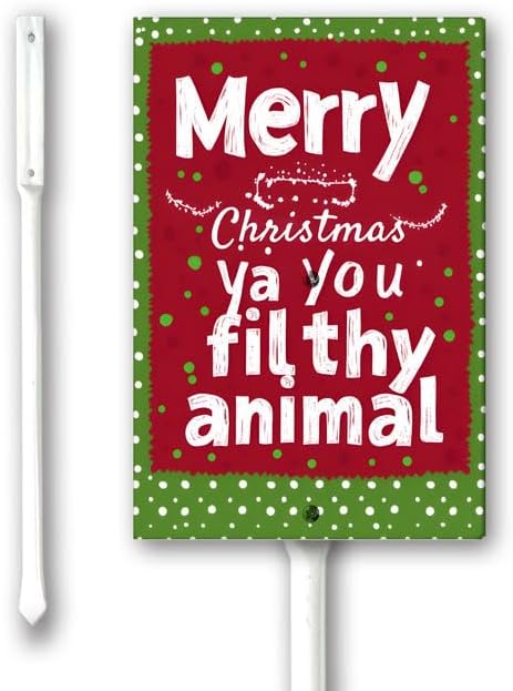 Uptell 8x12 Inch Merry Xmas Ya You Filthy Animal Garden Sign Winter House Yard Sign Porch Xmas Holiday Home Decorations Outdoor With Metal Stakes 12.8 Inch