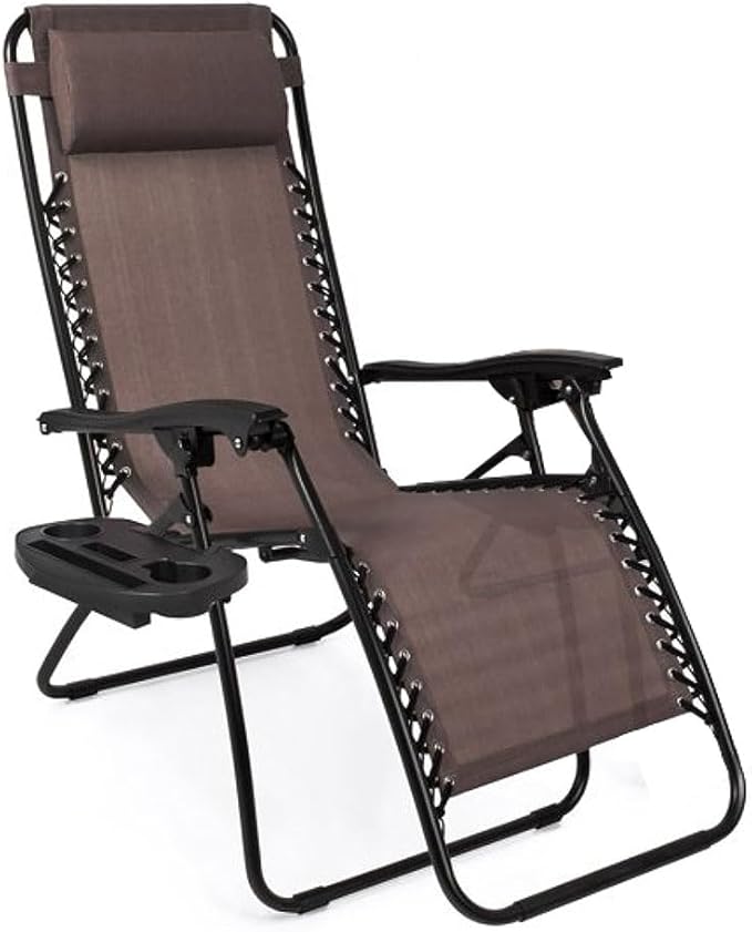 EZONE 1 - Chair Zero Gravity Lounge Chair Outdoor Adjustable Reclining Patio Chair Steel Mesh Folding Recliner for Pool Beach Camping Lounge Chair with Pillow and Cup Tray (1, Brown)