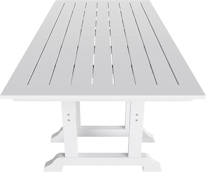 WestinTrends Malibu 6 Piece Adirondack Patio Dining Set with Bench, All Weather Poly Lumber Outdoor Table and Chairs, 71" Trestle Dining Table, 4 Adirondack Chair with Dining Bench, White