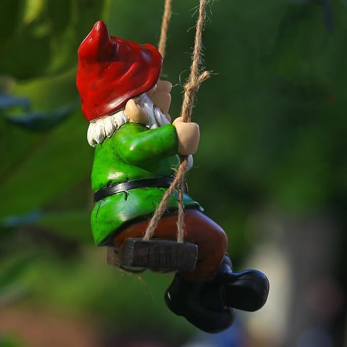 Garden Gnome Hanging Statue - Handpainted Resin Fun Outdoor Decor, Perfect for Patios, Gardens, Porches, or Lawns Great Christmas Tree Decor Halloween New Year