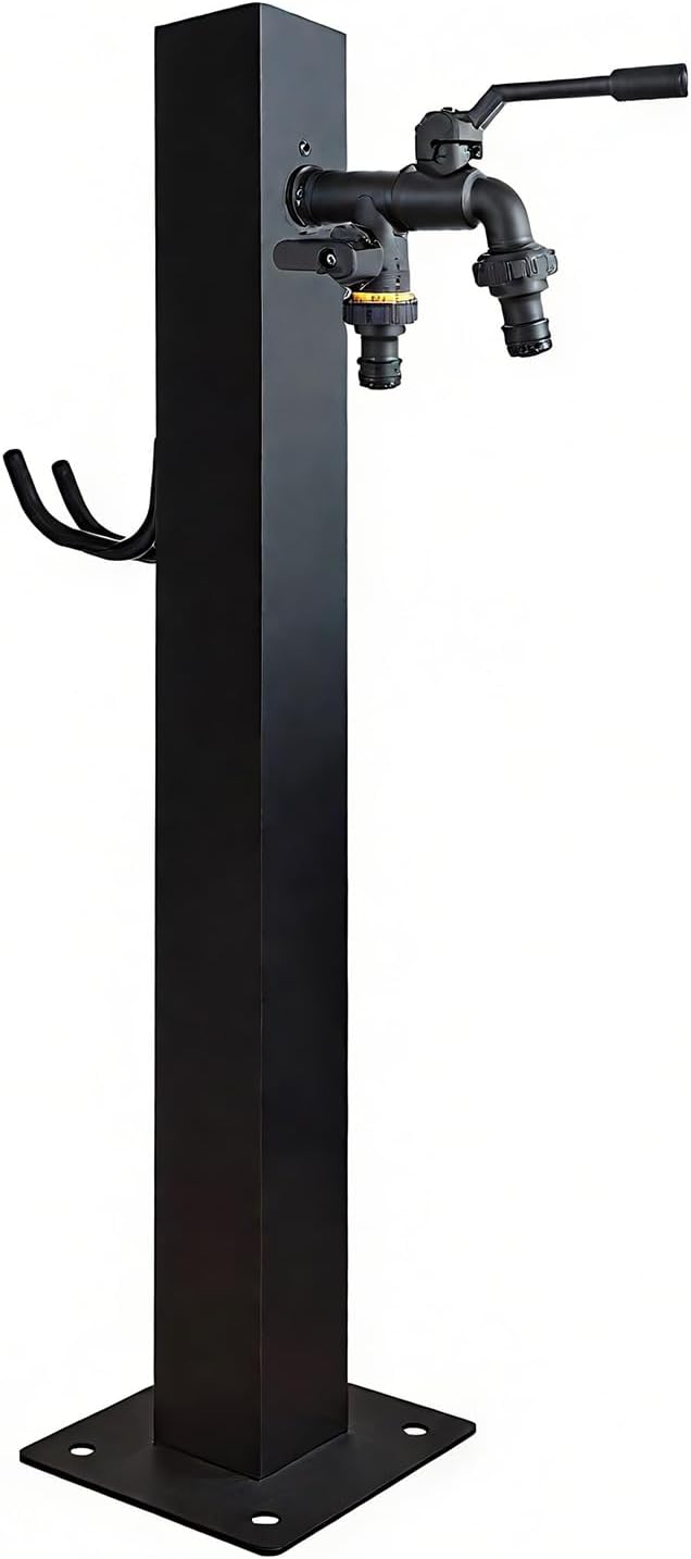 Outdoor Vertical Garden Water Column, Square Freestanding Hose Stand with 2 in 1 Double Brass Faucet, Freeze Proof Vertical Water Hydrant for Exterior Patio Backyard and Lawn