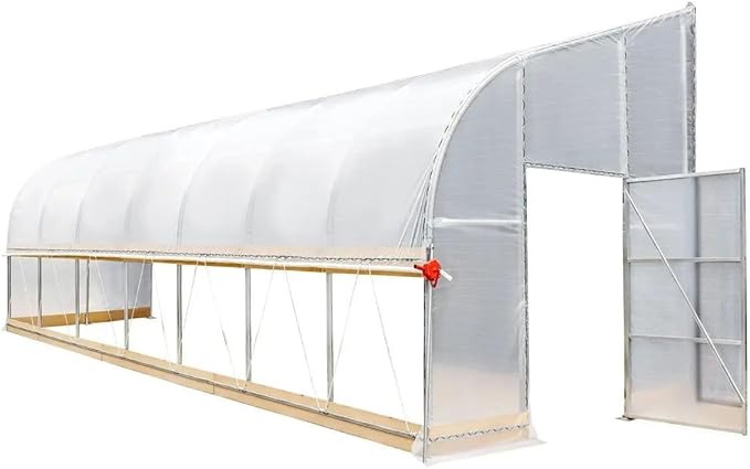 10x30ft Lean-to Grow Frame 6mil EVA Transparent Film Cover Corrosion-Free Steel Body with Manual Roll-Up Side 6ft High Wall Cold-Resistant Growing Unit