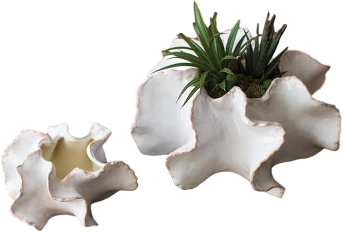 MY SWANKY HOME Wavy Shaped Set Two Organic White Ceramic Modern Succulent Planters