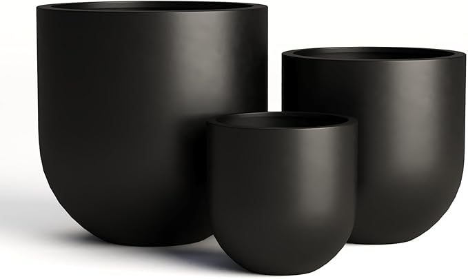 DTY Signature Mount Antero Modern Indoor Outdoor Fiberstone Bullet Shaped Planter, Durable Round Garden Pot, Weather Resistant, Drainage Hole & Rubber Plug - Small, Black