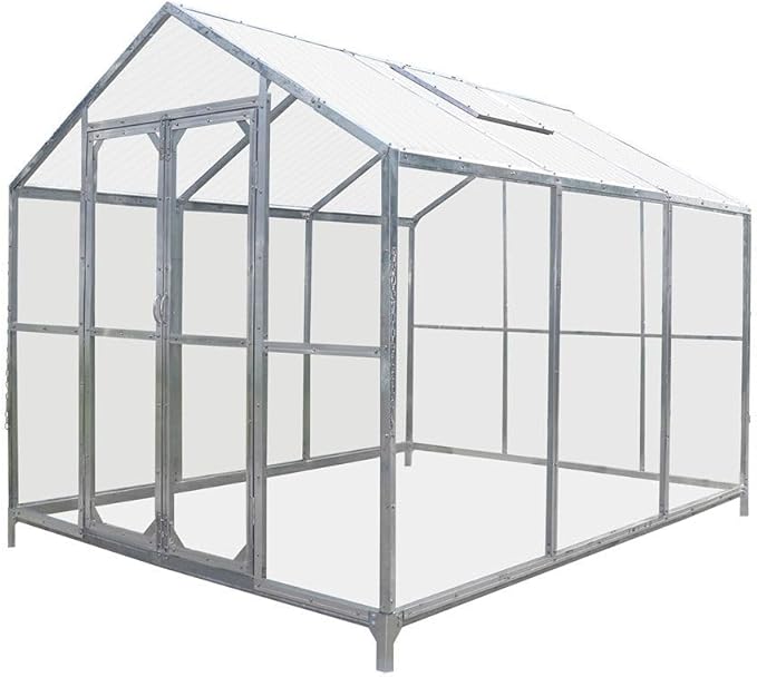 Year-Round 8x10ft Greenhouse with 4mm Twin-Skin Polycarbonate Top Crystal-Clear Hard Panel Walls Galvanized Robust Frame Ground Anchors Manual Airflow Regulation Vents Optimized Sun Exposure