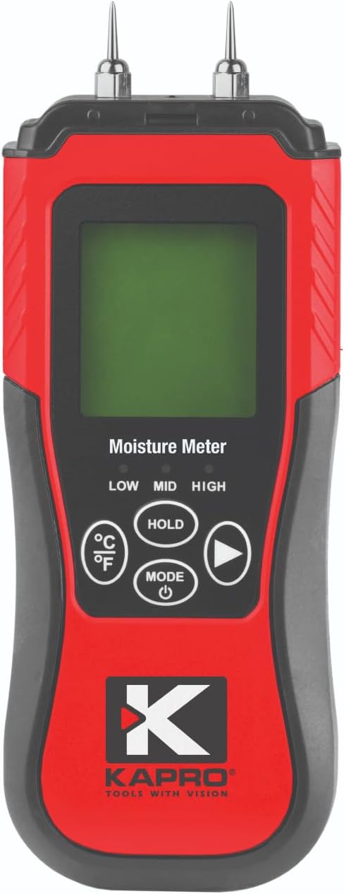 Kapro - 379 Moisture Meter with Temperature Detection - Measures Wood Moisture and Temperature in Fahrenheit and Celsius - Features 8 Calibration Scales - Back-Lit Display & Auto-Power Shut Off