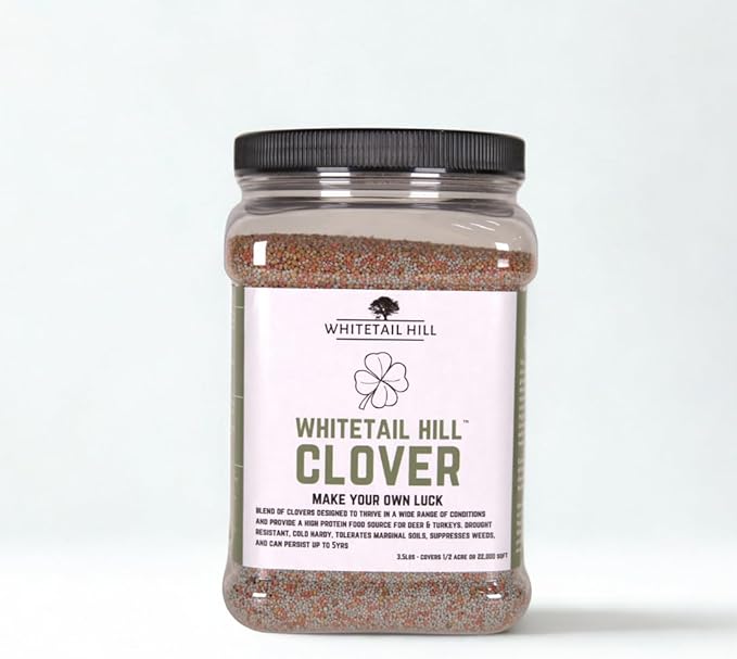 Whitetail Hill Clover Food Plot Seed for Deer and Turkeys, 1/2 Acre or 3 Acre, 5 Types of Clover, Perennial Blend, Cold Hardy, Drought Tolerant, Highly Palatable (1/2 Acre (3.5lbs))