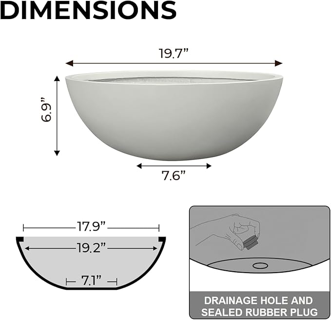 KUTE NEST 6.9" H x 19.7" D Round Bowl Fiberstone Planter for Succulent and Lotus with Drainage Hole, Smooth Finishes, Weather Resistant, Included 2 Extra Coco Mats (Light Gray, 17.9" Pot Opening)