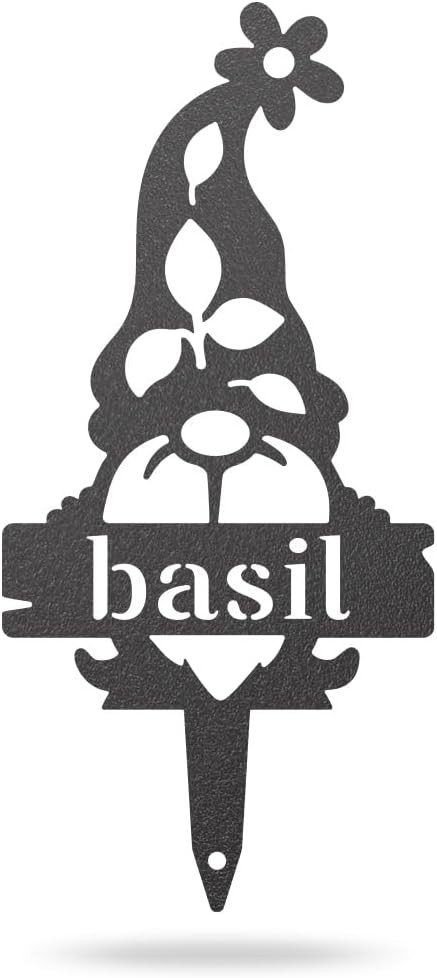 RealSteel Brand, Gnome Plant Markers for Outdoors, Garden Labels Metal Stake, Plant Tags, Garden Sign for Vegetables, Outdoor Decorations, Yard and Gardening Gift - Basil