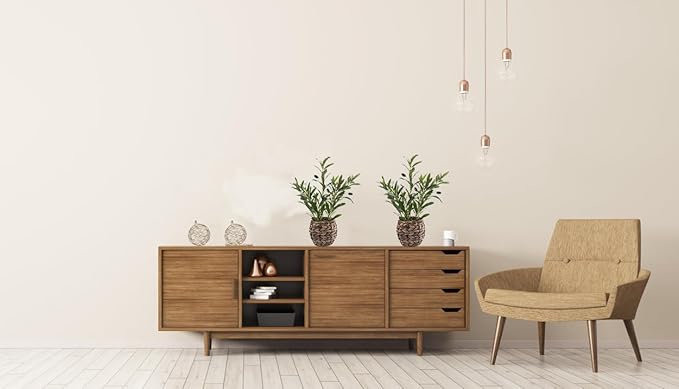 Ainuowei Indoor Fake Olive Plants 17.7 inches Tall Lifelike Artificial Olive Plants with Cyan Fruits in Brown Rattan Planter for Shelf Office Desk Kitchen Counter Small Space Artificial Plant Decor