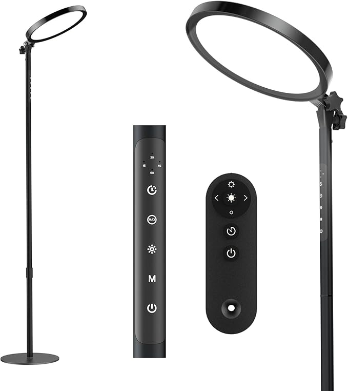 RICIAL Light Therapy Lamp,12000 Lux UV-Free Sun Lamp Full Spectrum Sunlight Lamp with 12" Panel/71 High/4 Color Temperature/5 Brightness/Remote Control, 2 in 1 Retractable Floor Light Therapy Lamp