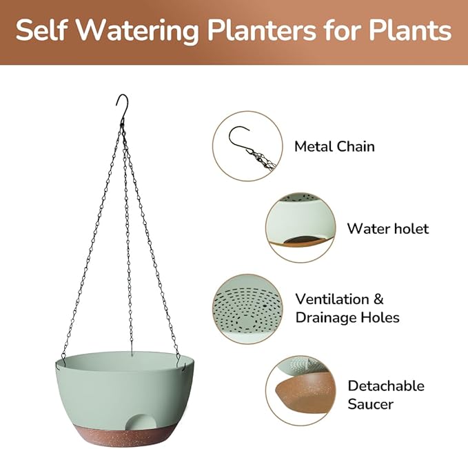 LESOASIS Hanging Planter for Indoor Plants, 10 Inch Self-Watering Hanging Planters with Drainage Holes and Chain, Set of 2 Outdoor Hanging Pots for Garden Home