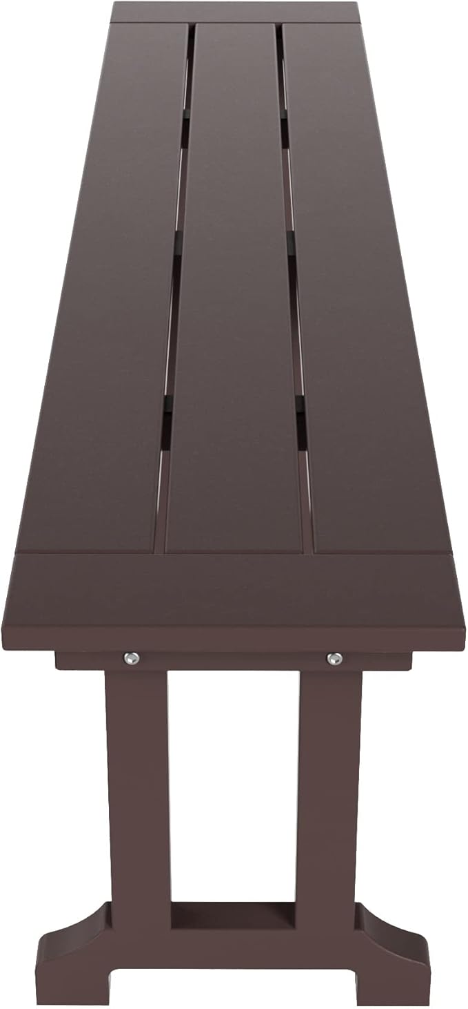 WestinTrends Malibu 6 Piece Adirondack Patio Dining Set with Bench, All Weather Poly Lumber Outdoor Table and Chairs, 71" Trestle Dining Table, 4 Adirondack Chair with Dining Bench, Dark Brown