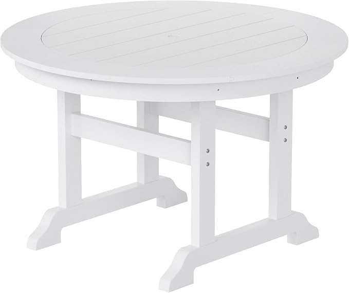 WestinTrends Malibu 5 Piece Adirondack Patio Dining Set, All Weather Poly Lumber Outdoor Table and Chairs Furniture Set, 47" Trestle Round Dining Table and 4 Adirondack Dining Chair, White
