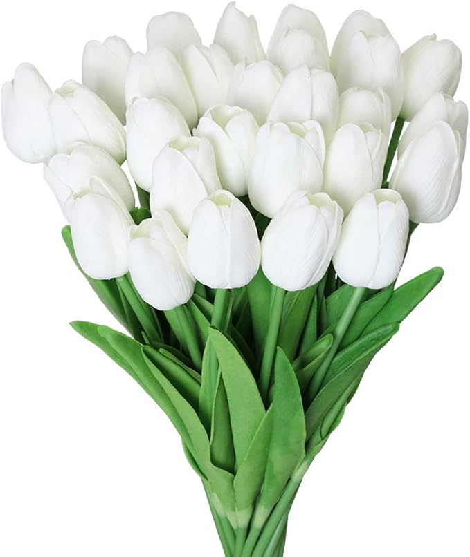 Kisflower 30Pcs Latex Tulips Real Touch White Artificial Flowers Fake Tulips Arrangement Bouquet for Home Office Wedding Decor (White)