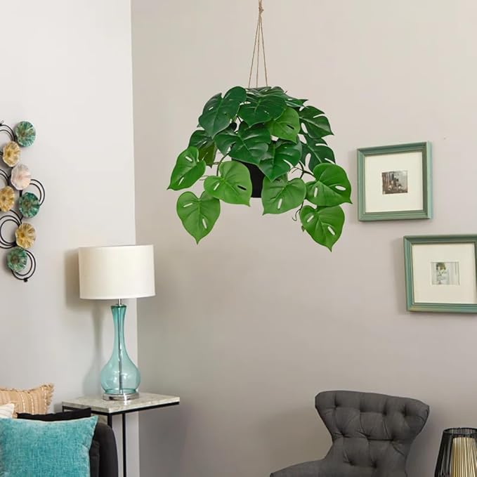 Fake Hanging Plant Artificial Monstera Plant Faux Greenery Leaves in Black Pot for Wall Bedroom Office Desk Bathroom Indoor Outdoor Home Decor