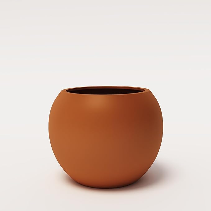 DTY Signature Mount Sherman Modern Indoor Outdoor Fiberstone Sphere Planter, Durable Round Garden Pot, Weather Resistant, Drainage Hole & Rubber Plug - Medium, Terracotta