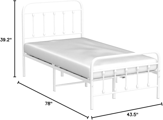 DUMEE Metal Twin Size Bed Frame Platform with Vintage Headboard and Footboard Sturdy Premium Steel Slat Support No Box Spring Needed, Textured White