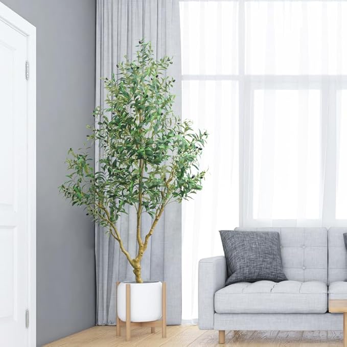 Olive Tree 7 feet,Fake Plants Indoor with Lightweight Durable Modern Fiberstone Sphere Planter,Realistic Trunk & Lifelike Leaves, Perfect for Large Spaces & Elegant Home/Office Decor (7FT with Pot)