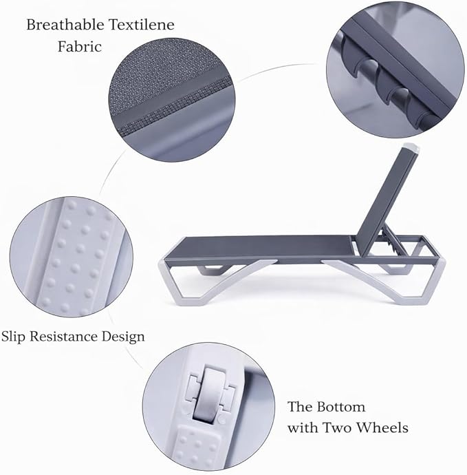 Kozyard Outdoor Chaise Lounge Chair, Full Flat Adjustable Patio Lounger with Aluminum Frame & Resin Legs, Textilene Fabric for Poolside, Backyard & Beach (Gray)