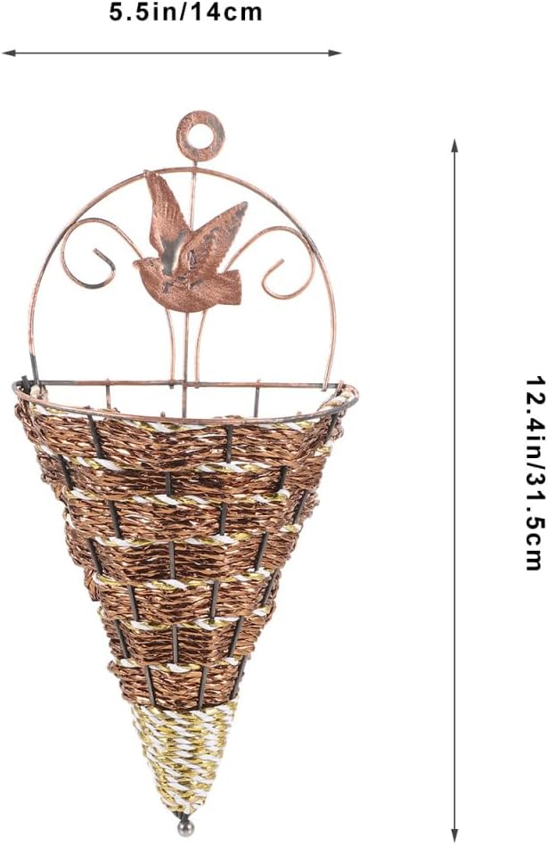 POPETPOP Wall Hanging Flower Pot Rattan Cone Shaped Planter Indoor Wall-Mounted Decorative Basket with Iron Frame Space-Saving Design