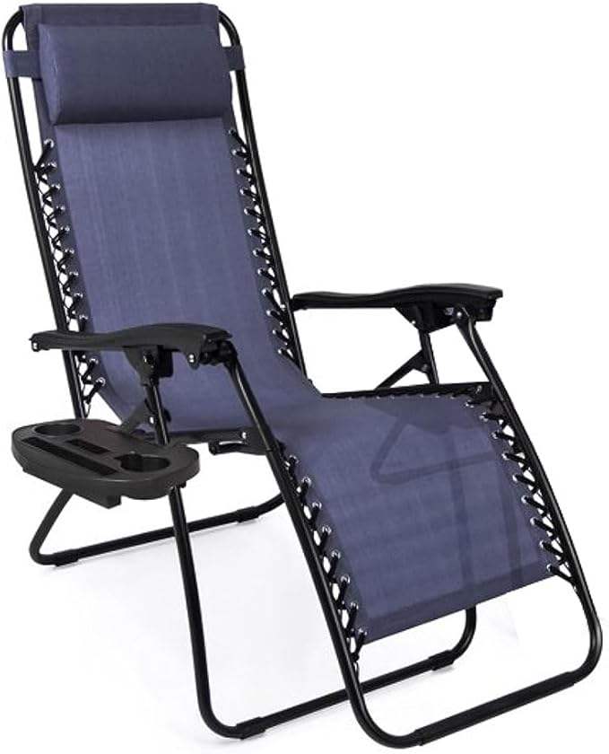 EZONE 1 - Chair Zero Gravity Lounge Chair Outdoor Adjustable Reclining Patio Chair Steel Mesh Folding Recliner for Pool Beach Camping Lounge Chair with Pillow and Cup Tray (1, Navy Blue)