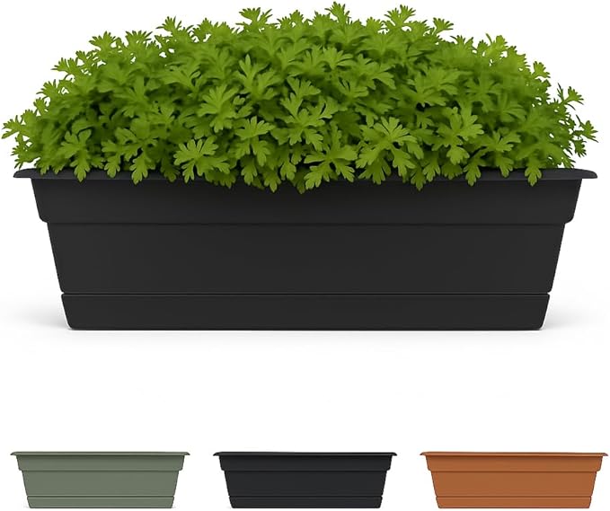 Bloem Dura Cotta Window Box Planter: 30" - Black - Large Box with Tray, Weatherproof Resin Box, Removable Tray for Indoor & Outdoor Use, Gardening, 4 Gallon Capacity
