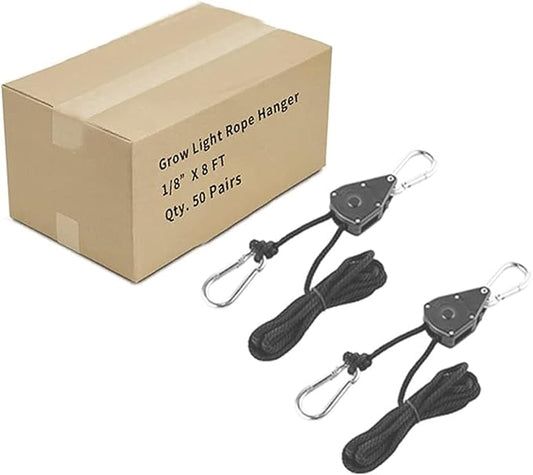 OneChoi Grow Light Rope Hanger 50Pairs，1/8" 8-Feet Long Heavy Duty Adjustable Rope Clip Hanger, Adjustable Rope Ratchet Hangers 150 Lbs per Pair Used with Grow Light, Grow Bags