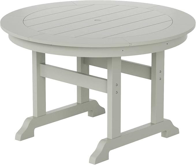 WestinTrends Malibu 5 Piece Adirondack Patio Dining Set, All Weather Poly Lumber Outdoor Table and Chairs Furniture Set, 47" Trestle Round Dining Table and 4 Adirondack Dining Chair, Sand