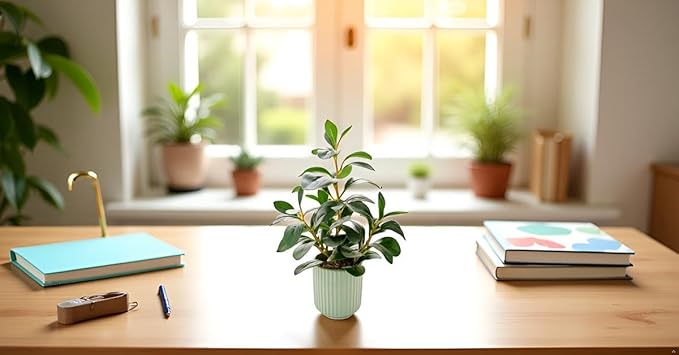 Ewtogift 14.6'' Fake Plant Ficus Leaves Artificial Plant in Light Green Ceramic Stripe Planter Faux Real Looking and Touching Evergreen for Home Living Room Indoor & Outdoor