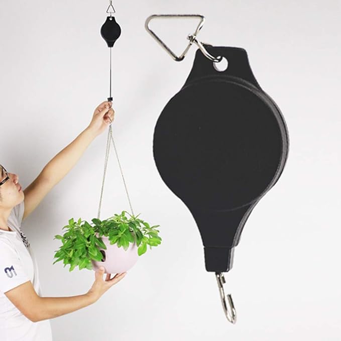 Lythor Pack Plant Hook Pulley, Retractable Plant Hanger Easy Reach Hanging Flower Basket for Garden Baskets Pots and Birds Feeder Hang High up and Pull Down to Water Or Feed (White 2Pack)