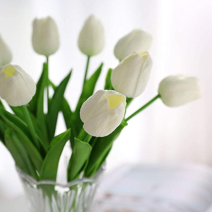 Kisflower 30Pcs Latex Tulips Real Touch White Artificial Flowers Fake Tulips Arrangement Bouquet for Home Office Wedding Decor (White)