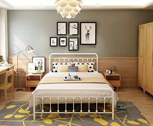 DUMEE Metal Full Size Bed Frame Platform with Vintage Headboard and Footboard Sturdy Premium Steel Slat Support No Box Spring Needed, Textured White