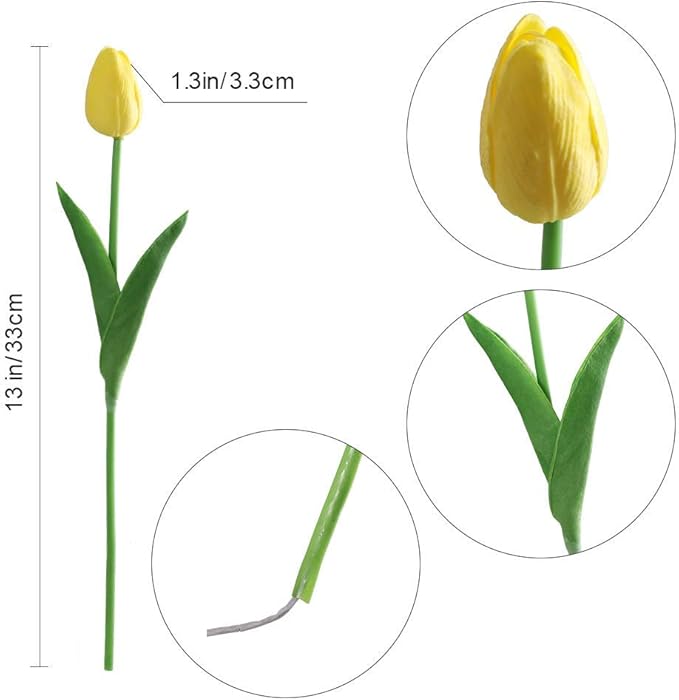 Kisflower 30Pcs Latex Tulips Real Touch Yellow Artificial Flowers Fake Tulips Arrangement Bouquet for Home Office Wedding Decor (Yellow)