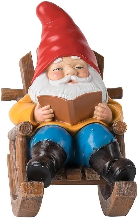 Garden Gnome Reading in Rocking Chair, Resin Decorative Statue, 7.2x6.2x4.3 inches