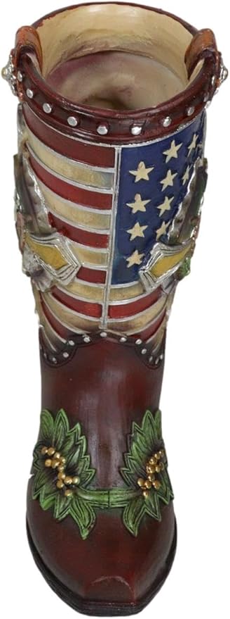 Ebros Gift Rustic Western Country USA American Flag Military Cross Olive Branch Cowboy Boot Decorative Flower Bouquet Vase Or Planter Figurine 9" High Southwestern Centerpiece