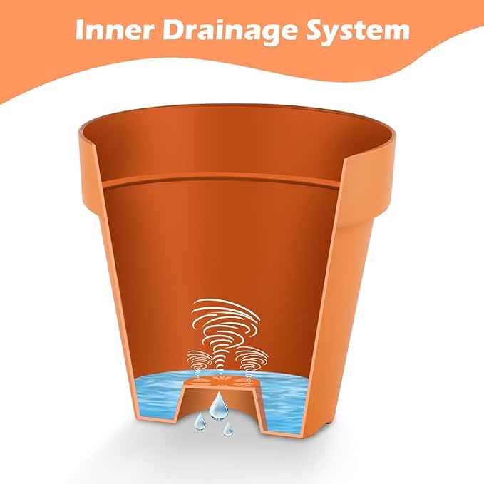 RooTrimmer 3-Pack 8/9/10 Inch Plastic Plant Pots with Saucers – Durable BPA-Free Planters with 21 Drainage Holes, Raised Bottom Breath and Bottom Watering Design for Indoor & Outdoor – Orange