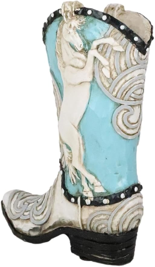 Ebros Gift Rustic Western Colorful Faux Tooled Leather Aqua Blue and White Prancing Horse Cowboy Cowgirl Boot Decorative Figurine Or Floral Vase Planter Table Shelf Countertop Accent