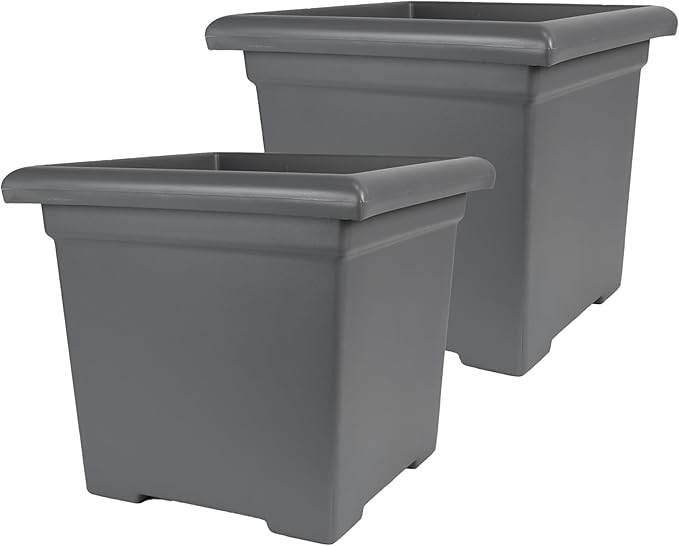 The HC Companies 15.5 Inch Accent Square Plant Pots with Drainage, Lightweight UV-Resistant Plastic Planters for Indoor & Outdoor Plants, 2-Pack Flower Pots for Garden, Office & Home Decor, Warm Gray