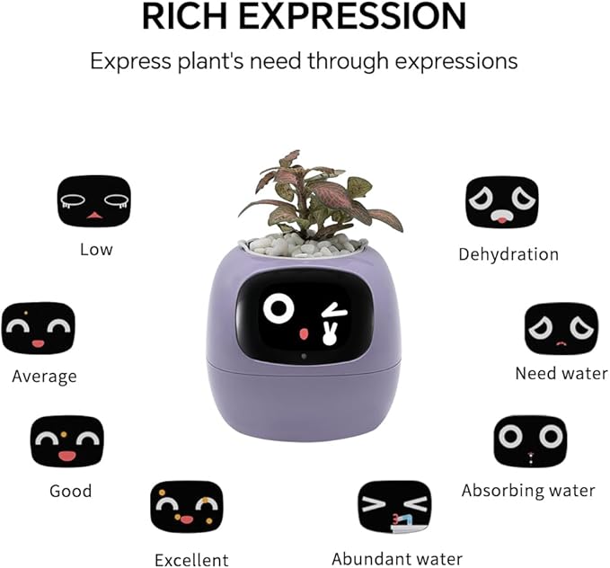 Odpaltoy Smart Plant Pot with Expression, AI Intelligent Flower Pot for Indoor Decoration, Smart Garden Pot with Water/Light/Temperature Sensors, Ivy AI Planter (Purple)