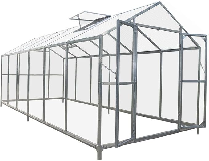 Expanded 8 x 20 Grow House with 4mm UV-Resistant Twin-Wall Polycarbonate Roof Transparent Hard Walls Galvanized Metal Frame Ground StabilizationBars