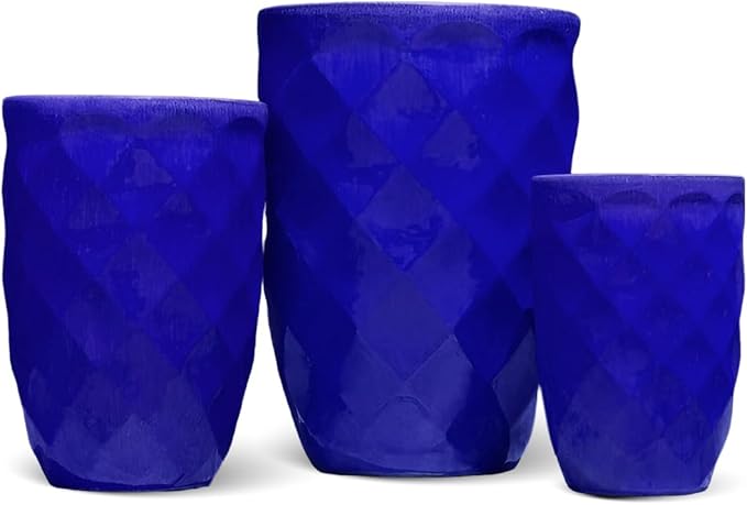 PLANTATOREM Pottery Medium High Diamond Planter Set with Elegant Blue Design - Robust Ceramic with Drainage Holes & Drip Pans - Perfect for Indoors & Outdoors - 18" Diameter x 26" Tall