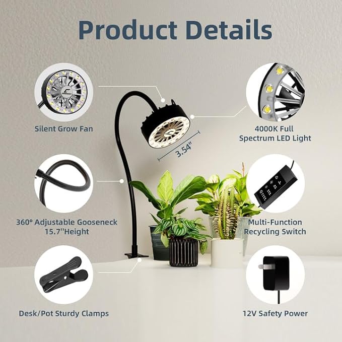 GISMIOSY Grow Lights for Indoor Plants, Full Spectrum Plant Grow Light with Plant Fan,Clip on Plant Lights for Indoor Growing with Timer and Dimmable,Suit for Plant shves and Plant Pot,1 Pack