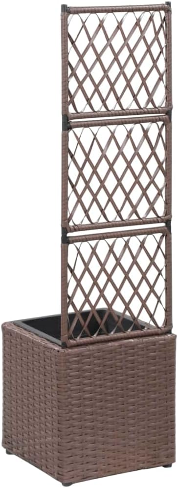 vidaXL Poly Rattan Planter with Removable Pot and Built-in Trellis, Brown, Square-Shaped, Outdoor Planter for Climbing Plants