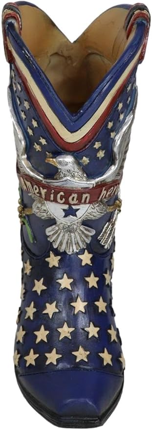 Ebros Gift Rustic Country Patriotic Blue USA Flag Western Stars American Hero USA Eagle Great Seal Crest Cowboy Boot Decorative Flower Bouquet Vase Or Planter Figurine 9" High