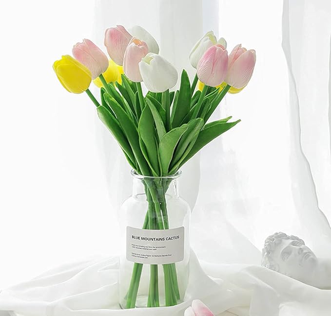 Kisflower 30Pcs Latex Tulips Real Touch White Artificial Flowers Fake Tulips Arrangement Bouquet for Home Office Wedding Decor (White)